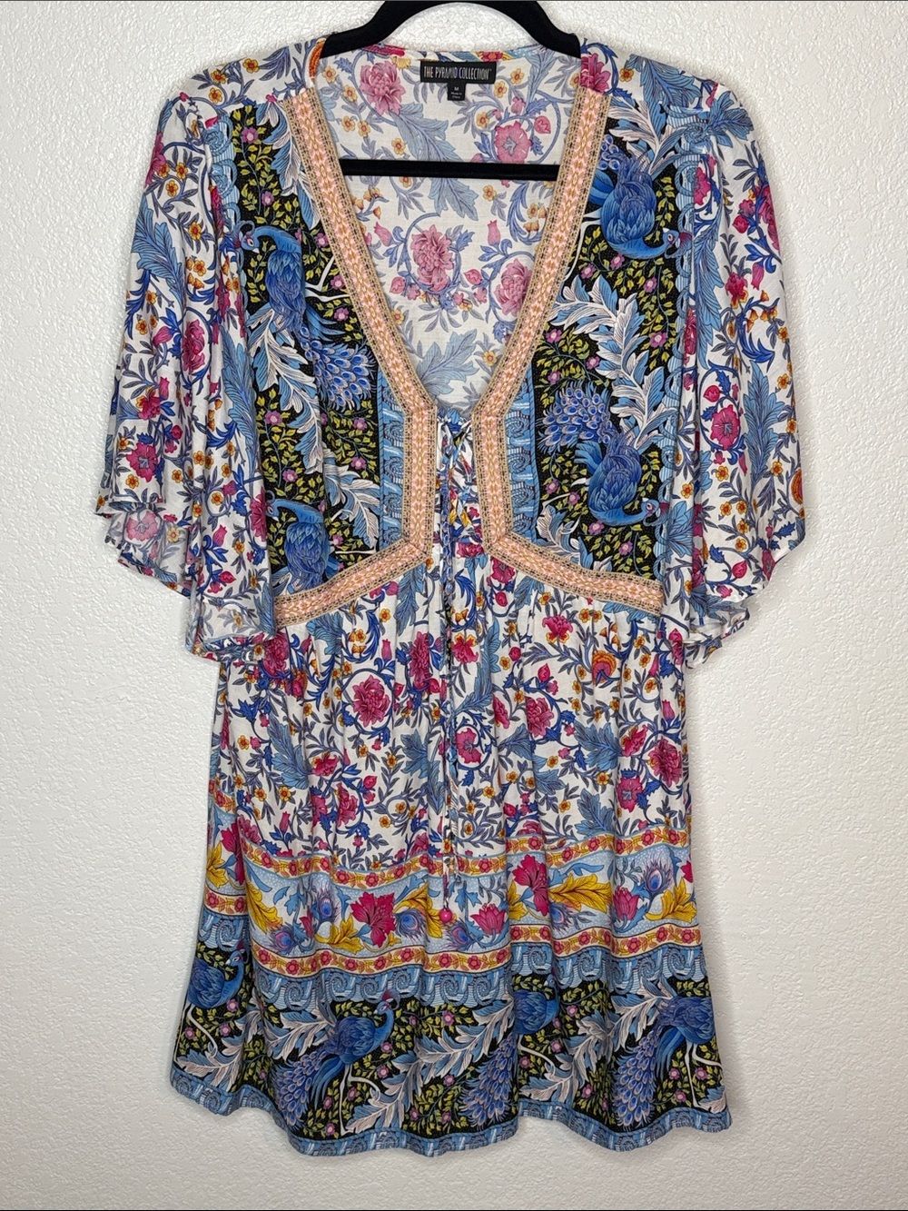 The Pyramid Collection Multi Color Peacock Floral Boho Mini Dress Size Medium